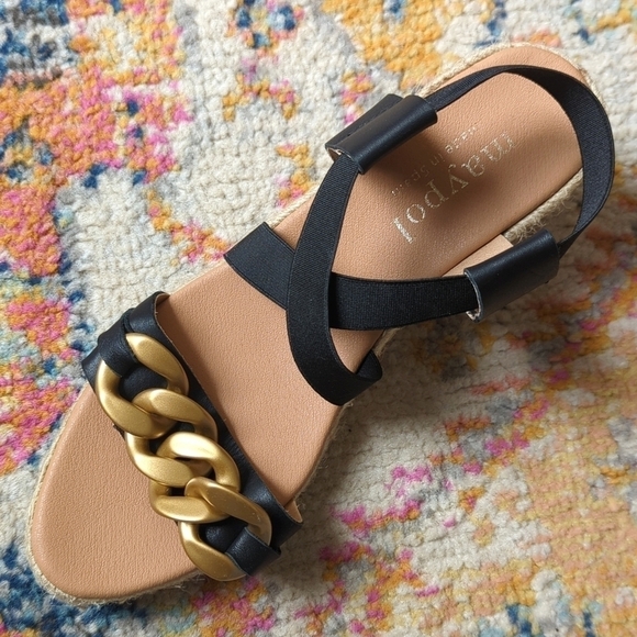 Maypol Leather Chunky Chain Strappy Open Toe Espadrille Wedge Sandals Black 40 - Picture 8 of 15